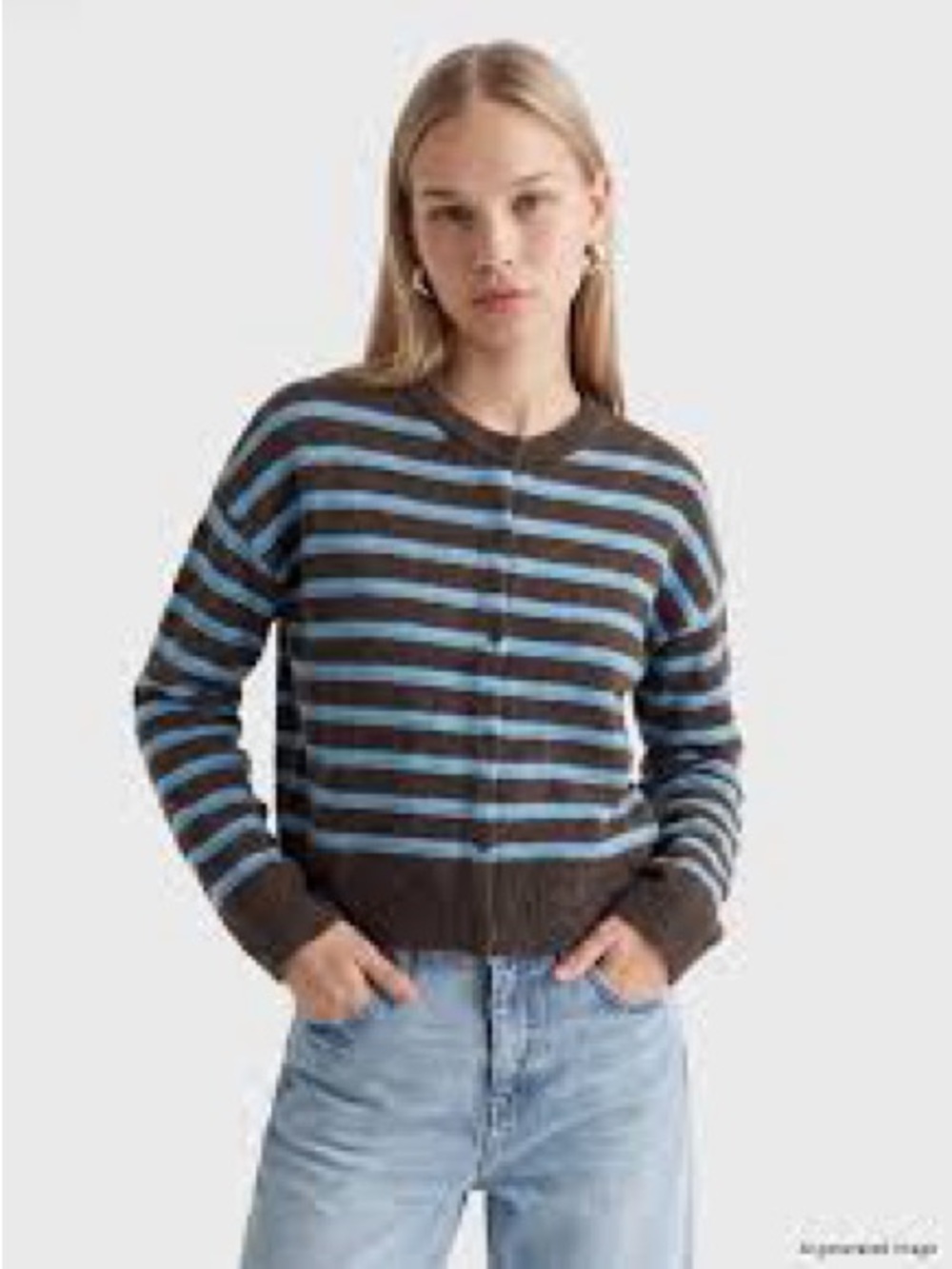 Bershka Brown and Light Blue Striped Crewneck Cardigan